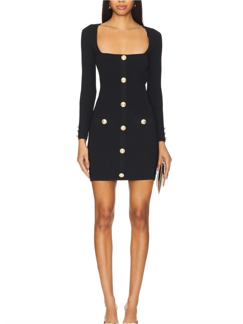 RETROFETE Square-Neck Black Ribbed Mini Dress with Gold Buttons